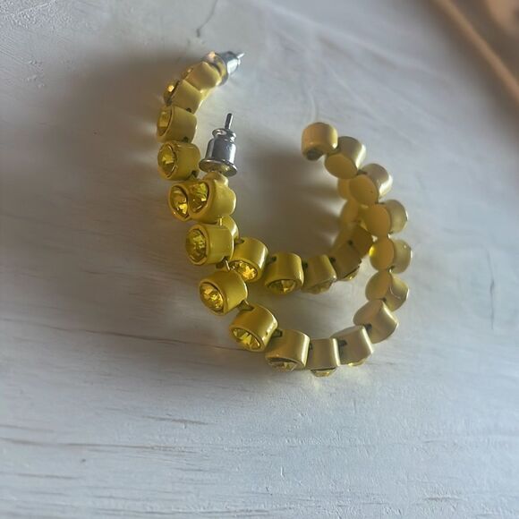 Yellow Powder Coated Rhinestone Hoop Earrings - Picture 9 of 12